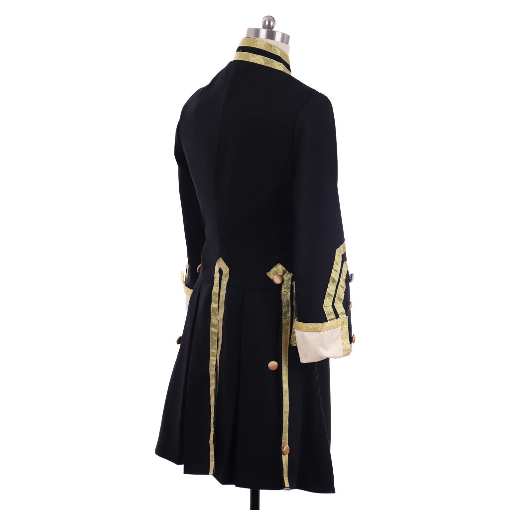 Medieval Men's Black and Gold Empire Military Coat with Ornate Gold Accents Cosplay Stage Costume Adult Halloween Christmas Party Themed Outfit