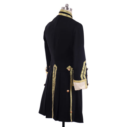 Medieval Men's Black and Gold Empire Military Coat with Ornate Gold Accents Cosplay Stage Costume Adult Halloween Christmas Party Themed Outfit