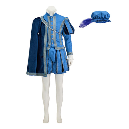 Medieval Noble Blue Tunic Ensemble with Cloak and Feathered Hat for Historical Reenactments Cosplay Events Rococo Themed Gatherings Halloween Christmas