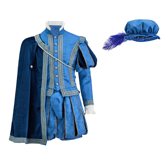 Medieval Noble Blue Tunic Ensemble with Cloak and Feathered Hat for Historical Reenactments Cosplay Events Rococo Themed Gatherings Halloween Christmas