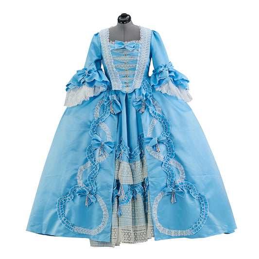 Rococo Inspired Light Blue Ruffled Court Gown with White Embellishments for Historical Reenactments  Cosplay Events Halloween Christmas