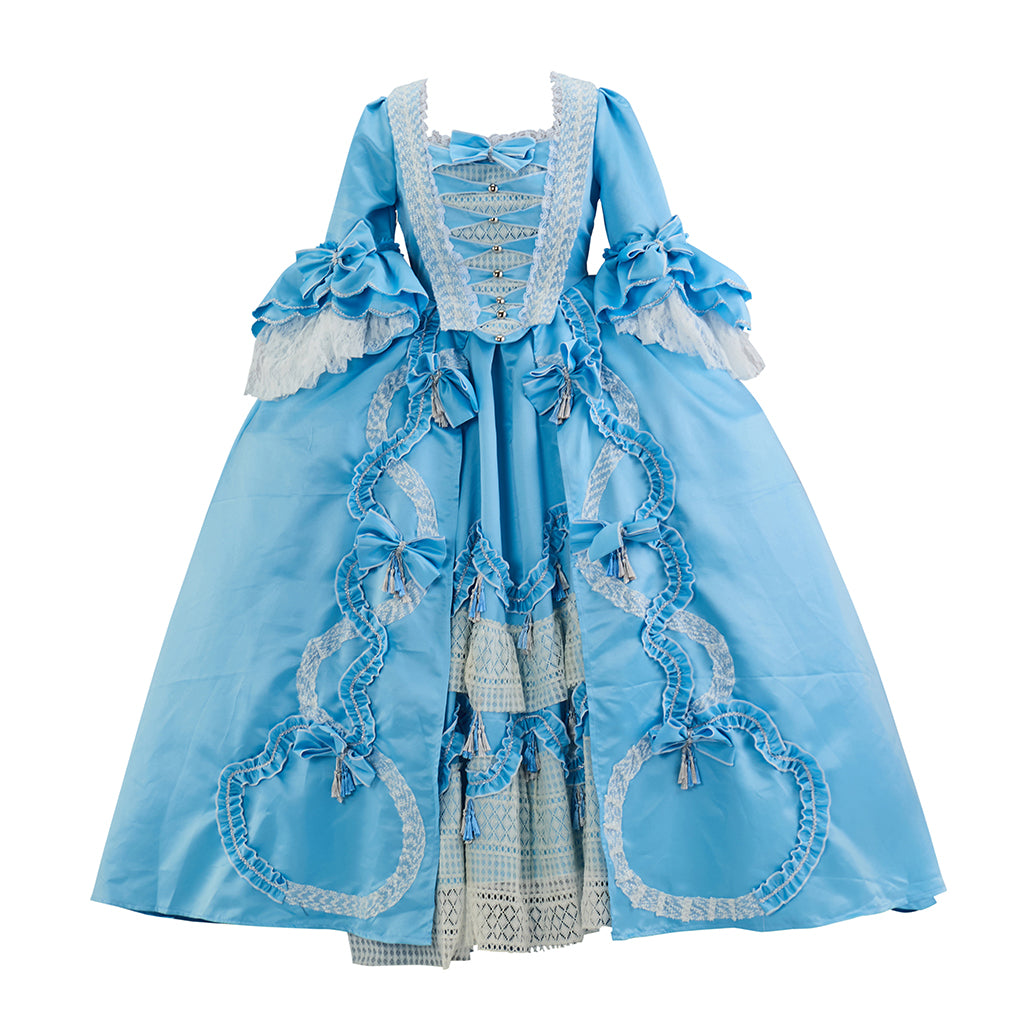 Rococo Inspired Light Blue Ruffled Court Gown with White Embellishments for Historical Reenactments  Cosplay Events Halloween Christmas