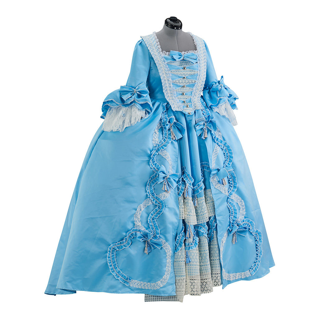 Rococo Inspired Light Blue Ruffled Court Gown with White Embellishments for Historical Reenactments  Cosplay Events Halloween Christmas