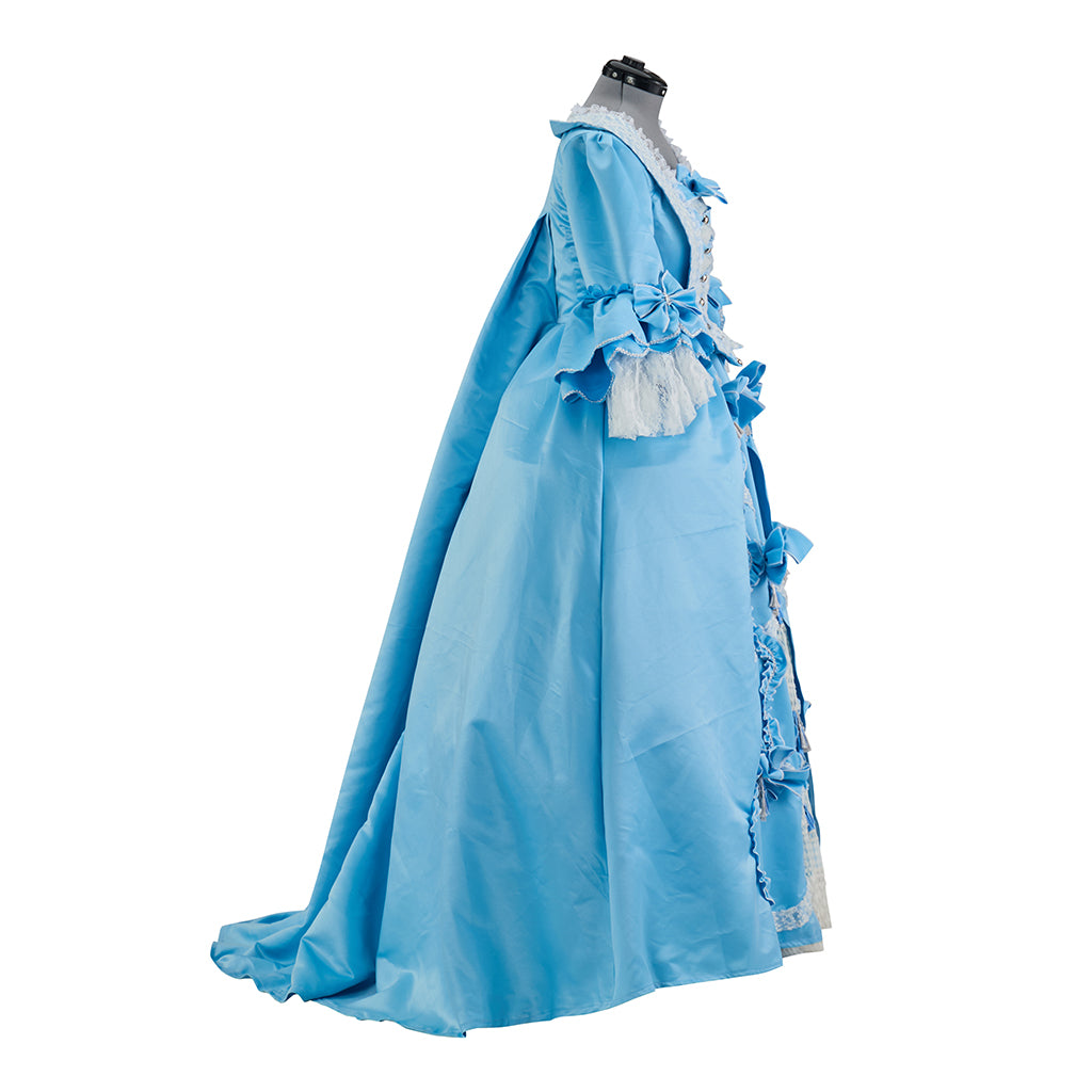 Rococo Inspired Light Blue Ruffled Court Gown with White Embellishments for Historical Reenactments  Cosplay Events Halloween Christmas