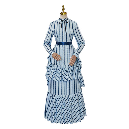 Medieval Style Blue and White Striped Gown with High Neck Bow Tie Fitted Waist Ruffled for Historical Reenactments Cosplay Events Halloween