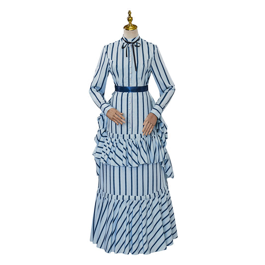 Medieval Style Blue and White Striped Gown with High Neck Bow Tie Fitted Waist Ruffled for Historical Reenactments Cosplay Events Halloween