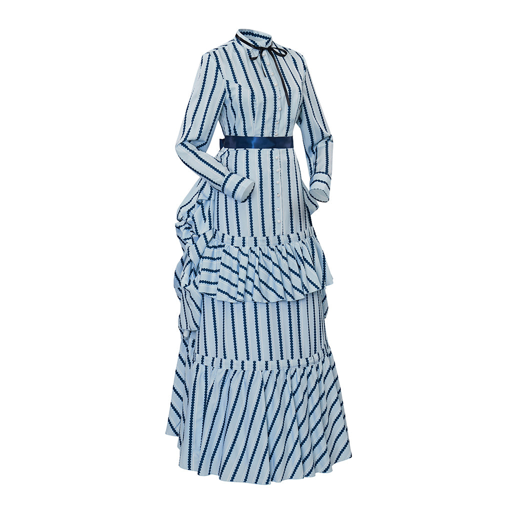 Medieval Style Blue and White Striped Gown with High Neck Bow Tie Fitted Waist Ruffled for Historical Reenactments Cosplay Events Halloween