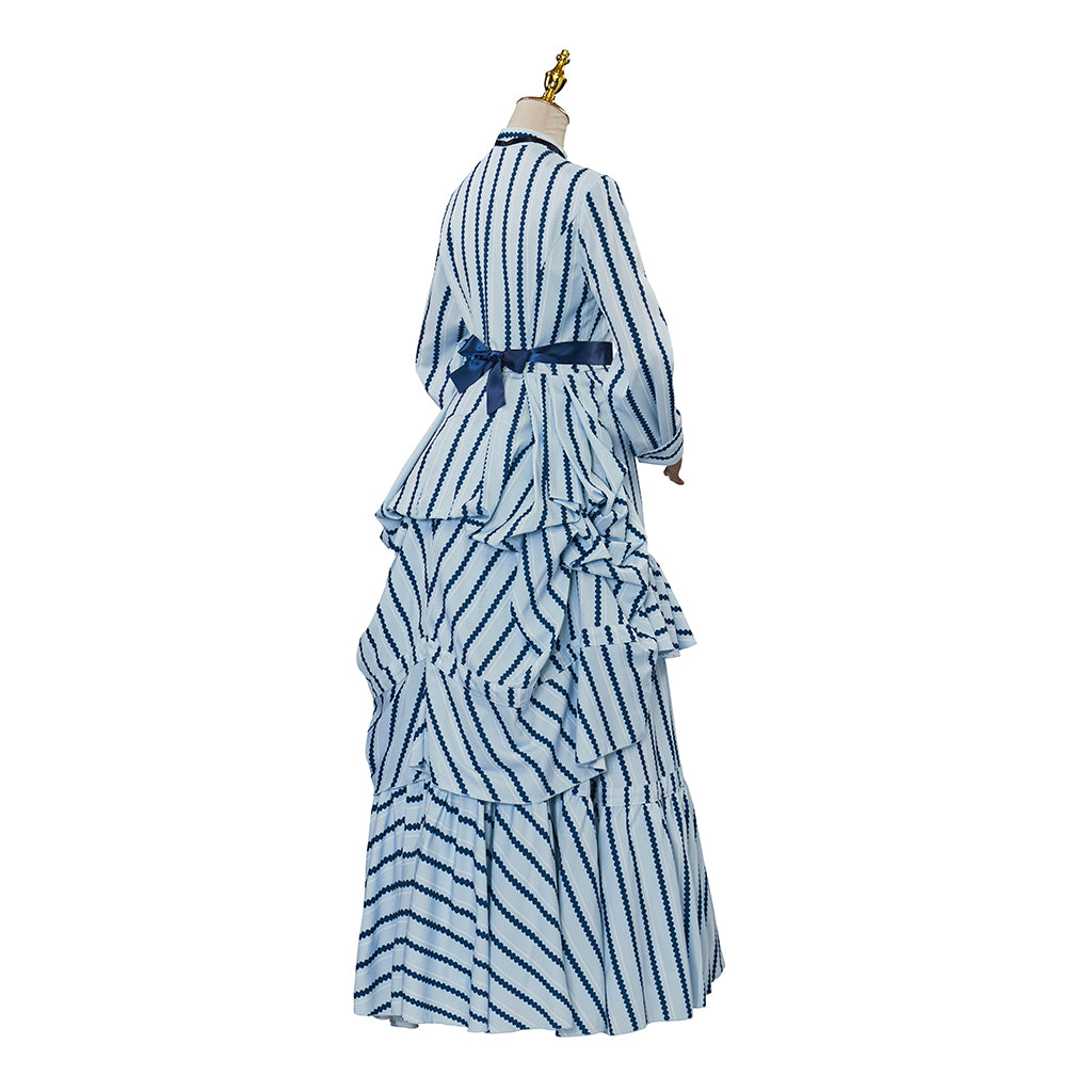 Medieval Style Blue and White Striped Gown with High Neck Bow Tie Fitted Waist Ruffled for Historical Reenactments Cosplay Events Halloween