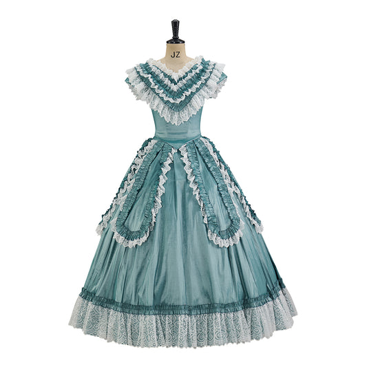 Victorian Inspired Light Turquoise V Neck Ruffled Gown with White Lace Embellishments for Historical Reenactments Victorian Cosplay Halloween Christmas