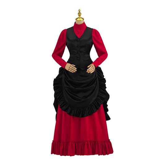 Victorian Inspired Black Vest Over Red Ruffled Maxi Dress with Matching Top Hat for Medieval Themed Gatherings Vintage Events Cosplay Halloween Christmas