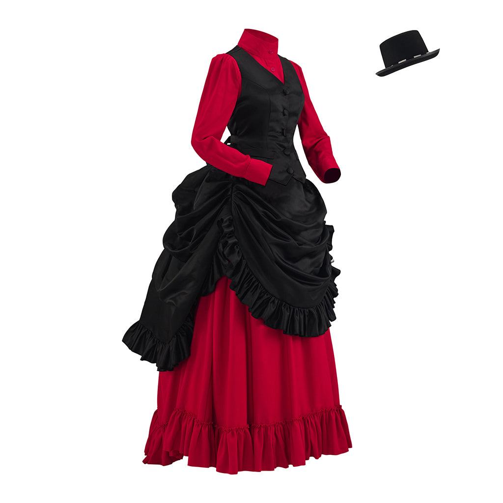 Victorian Inspired Black Vest Over Red Ruffled Maxi Dress with Matching Top Hat for Medieval Themed Gatherings Vintage Events Cosplay Halloween Christmas