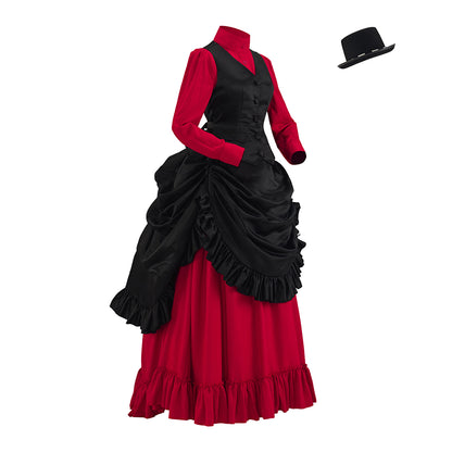 Victorian Inspired Black Vest Over Red Ruffled Maxi Dress with Matching Top Hat for Medieval Themed Gatherings Vintage Events Cosplay Halloween Christmas