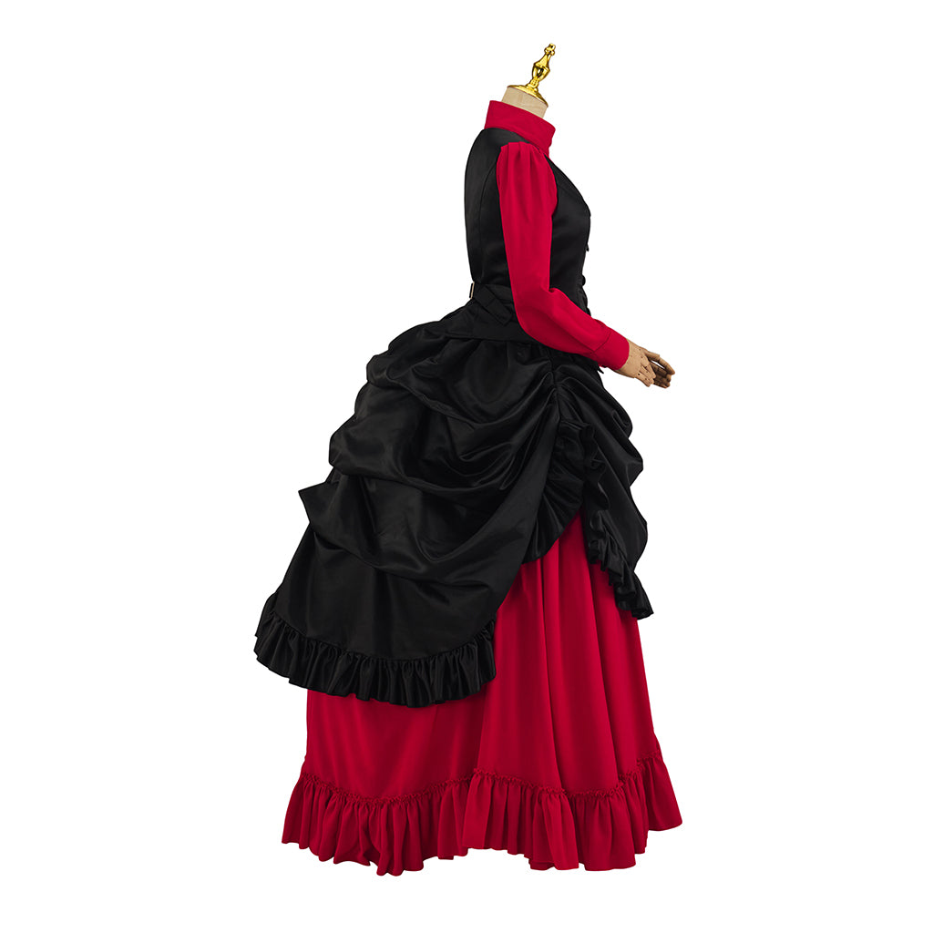 Victorian Inspired Black Vest Over Red Ruffled Maxi Dress with Matching Top Hat for Medieval Themed Gatherings Vintage Events Cosplay Halloween Christmas