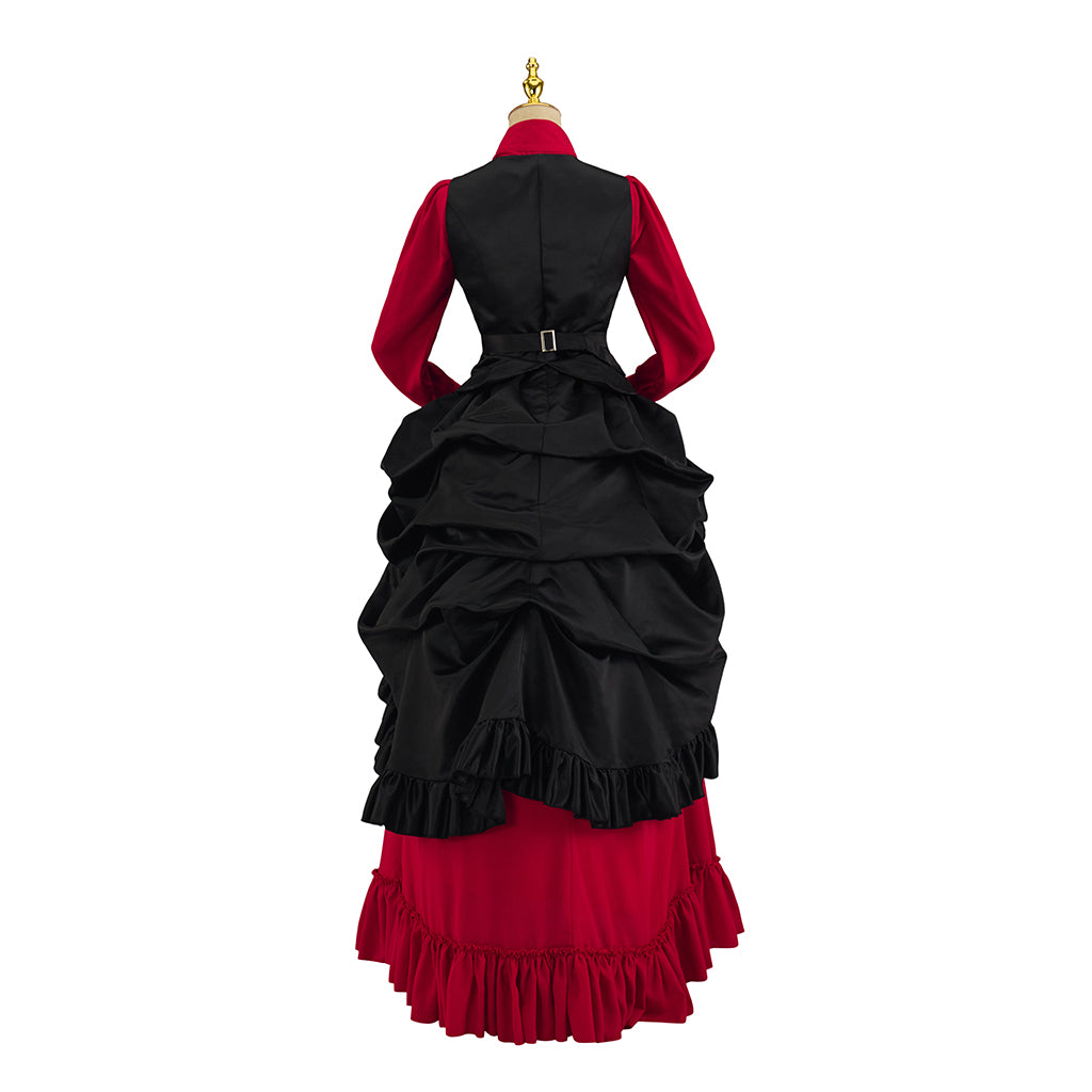 Victorian Inspired Black Vest Over Red Ruffled Maxi Dress with Matching Top Hat for Medieval Themed Gatherings Vintage Events Cosplay Halloween Christmas