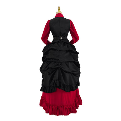 Victorian Inspired Black Vest Over Red Ruffled Maxi Dress with Matching Top Hat for Medieval Themed Gatherings Vintage Events Cosplay Halloween Christmas