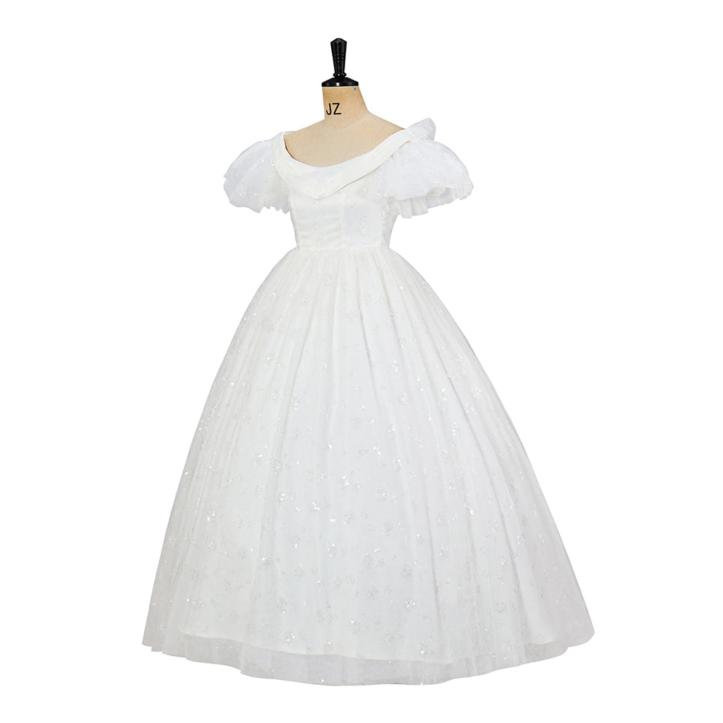 Regency Inspired White Lace Short Sleeved Gown with Matching Headband and Gloves for Historical Reenactments Regency Themed Gatherings Cosplay Halloween Christmas