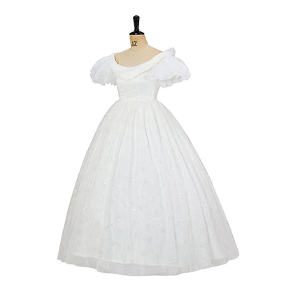 Regency Inspired White Lace Short Sleeved Gown with Matching Headband and Gloves for Historical Reenactments Regency Themed Gatherings Cosplay Halloween Christmas