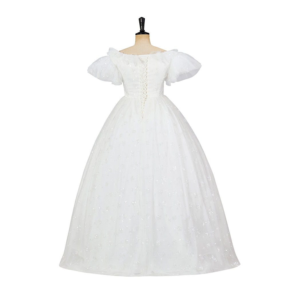 Regency Inspired White Lace Short Sleeved Gown with Matching Headband and Gloves for Historical Reenactments Regency Themed Gatherings Cosplay Halloween Christmas