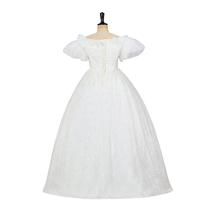 Regency Inspired White Lace Short Sleeved Gown with Matching Headband and Gloves for Historical Reenactments Regency Themed Gatherings Cosplay Halloween Christmas