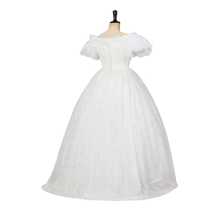 Regency Inspired White Lace Short Sleeved Gown with Matching Headband and Gloves for Historical Reenactments Regency Themed Gatherings Cosplay Halloween Christmas