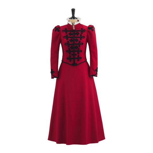 Gothic Style Red High Necked Long Dress with Black Embellishments on Collar Cuffs and Chest for Cosplay Events Gothic Themed Gatherings Halloween Christmas
