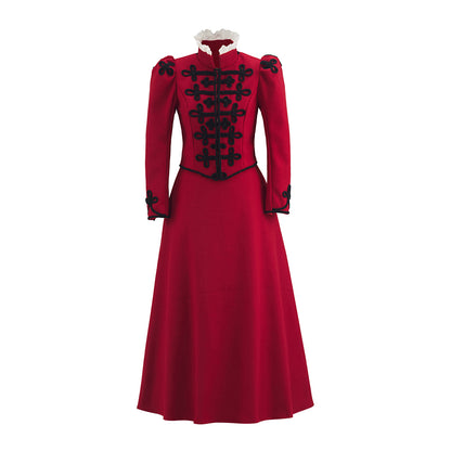 Gothic Style Red High Necked Long Dress with Black Embellishments on Collar Cuffs and Chest for Cosplay Events Gothic Themed Gatherings Halloween Christmas