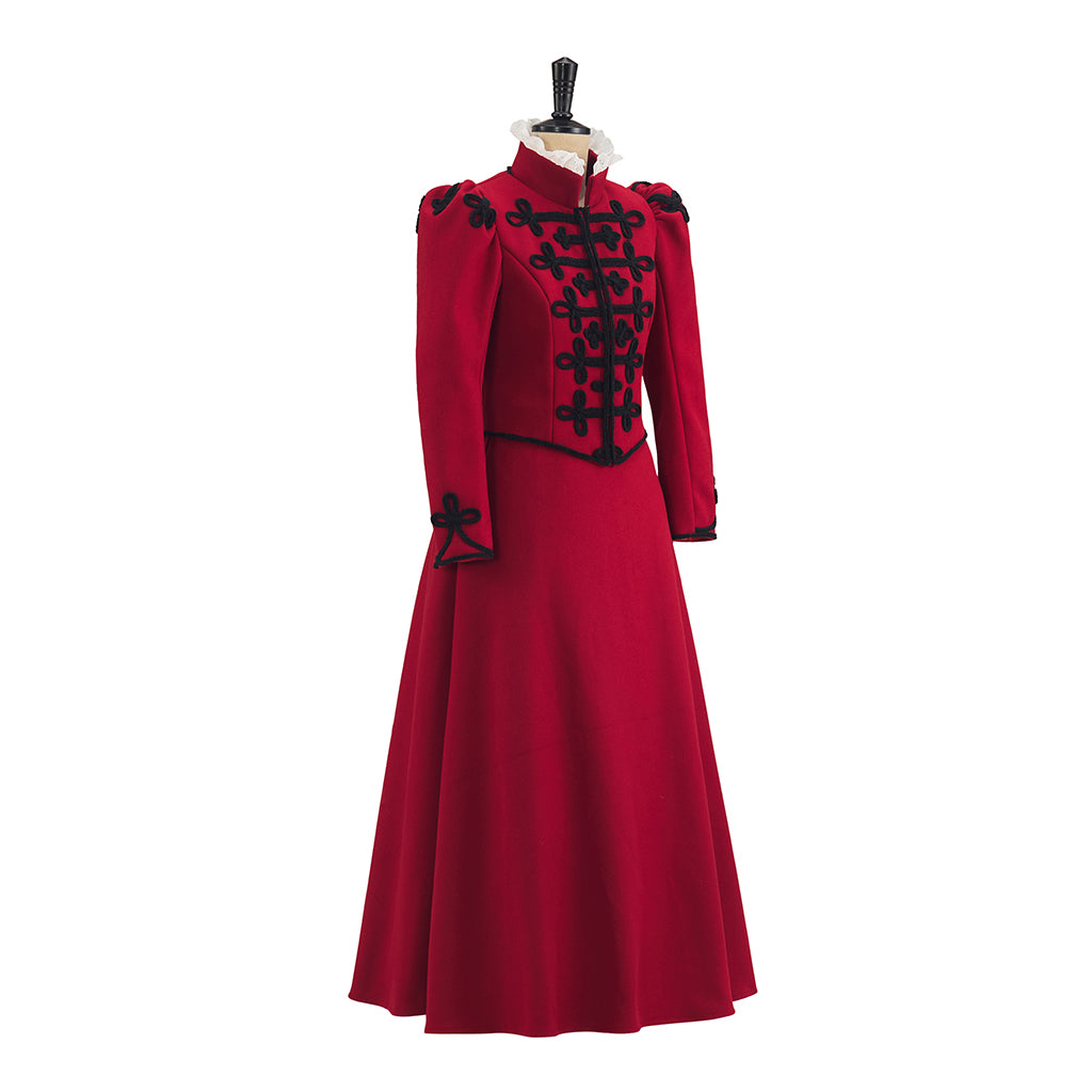 Gothic Style Red High Necked Long Dress with Black Embellishments on Collar Cuffs and Chest for Cosplay Events Gothic Themed Gatherings Halloween Christmas