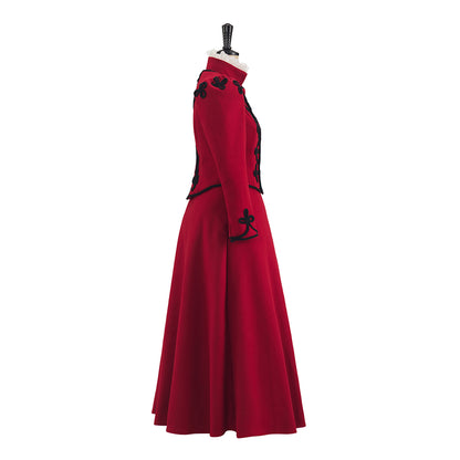Gothic Style Red High Necked Long Dress with Black Embellishments on Collar Cuffs and Chest for Cosplay Events Gothic Themed Gatherings Halloween Christmas