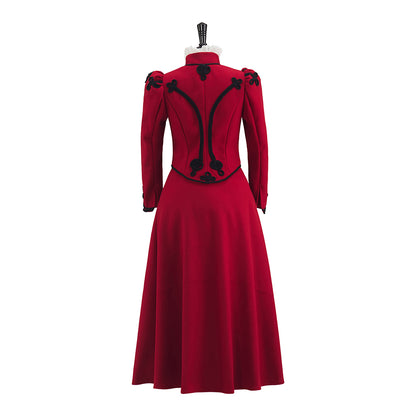 Gothic Style Red High Necked Long Dress with Black Embellishments on Collar Cuffs and Chest for Cosplay Events Gothic Themed Gatherings Halloween Christmas