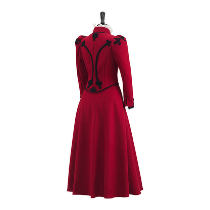 Gothic Style Red High Necked Long Dress with Black Embellishments on Collar Cuffs and Chest for Cosplay Events Gothic Themed Gatherings Halloween Christmas