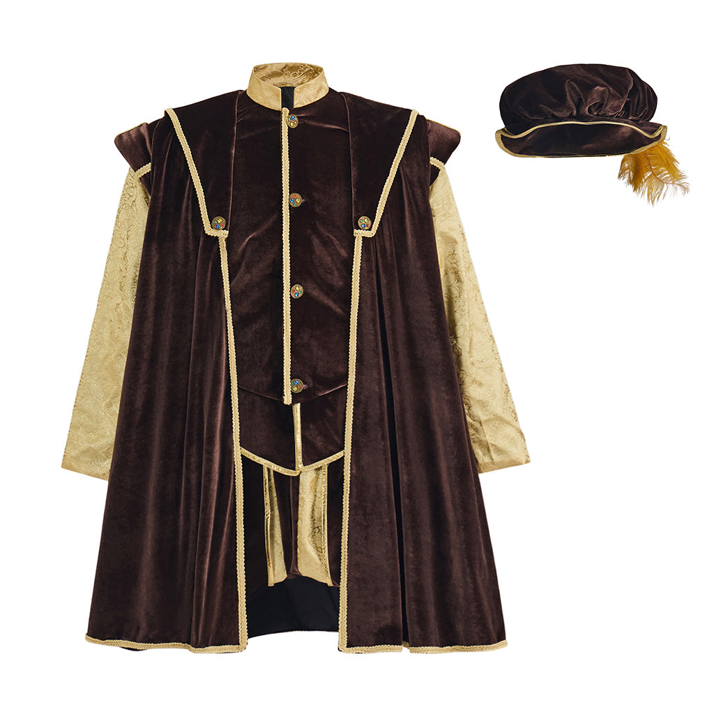 Renaissance Inspired Brown Velvet Robe with Gold Trim and Matching Hat for Historical Reenactments Renaissance Themed Halloween Christmas