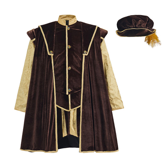 Renaissance Inspired Brown Velvet Robe with Gold Trim and Matching Hat for Historical Reenactments Renaissance Themed Halloween Christmas