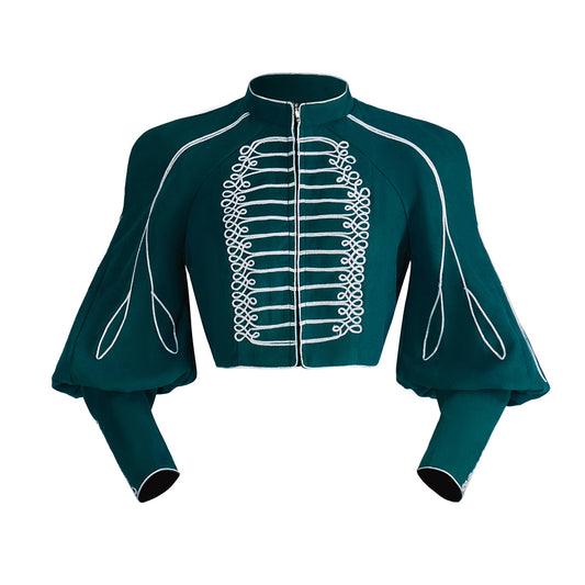 Renaissance Inspired Teal Cropped Jacket with Ornate White Trim for Historical Reenactments Renaissance Themed Gatherings Cosplay Halloween