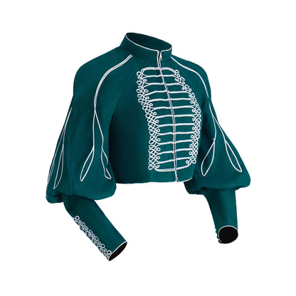 Renaissance Inspired Teal Cropped Jacket with Ornate White Trim for Historical Reenactments Renaissance Themed Gatherings Cosplay Halloween