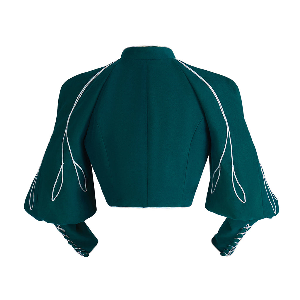 Renaissance Inspired Teal Cropped Jacket with Ornate White Trim for Historical Reenactments Renaissance Themed Gatherings Cosplay Halloween