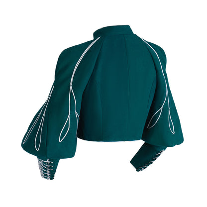 Renaissance Inspired Teal Cropped Jacket with Ornate White Trim for Historical Reenactments Renaissance Themed Gatherings Cosplay Halloween
