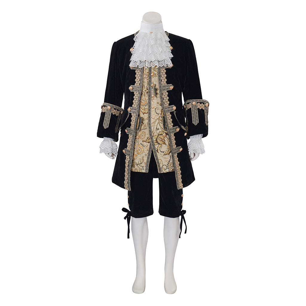 Medieval Style Black Tailcoat with Gold Embroidered Details White Ruffled Collar for Historical Reenactments Cosplay Events Halloween