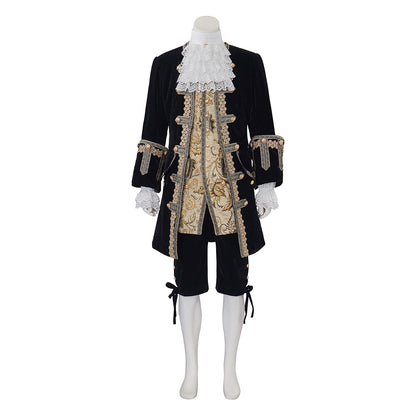 Medieval Style Black Tailcoat with Gold Embroidered Details White Ruffled Collar for Historical Reenactments Cosplay Events Halloween