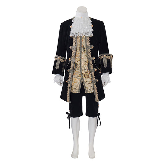 Medieval Style Black Tailcoat with Gold Embroidered Details White Ruffled Collar for Historical Reenactments Cosplay Events Halloween