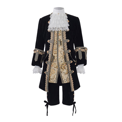 Medieval Style Black Tailcoat with Gold Embroidered Details White Ruffled Collar for Historical Reenactments Cosplay Events Halloween