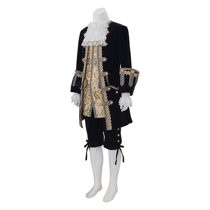 Medieval Style Black Tailcoat with Gold Embroidered Details White Ruffled Collar for Historical Reenactments Cosplay Events Halloween