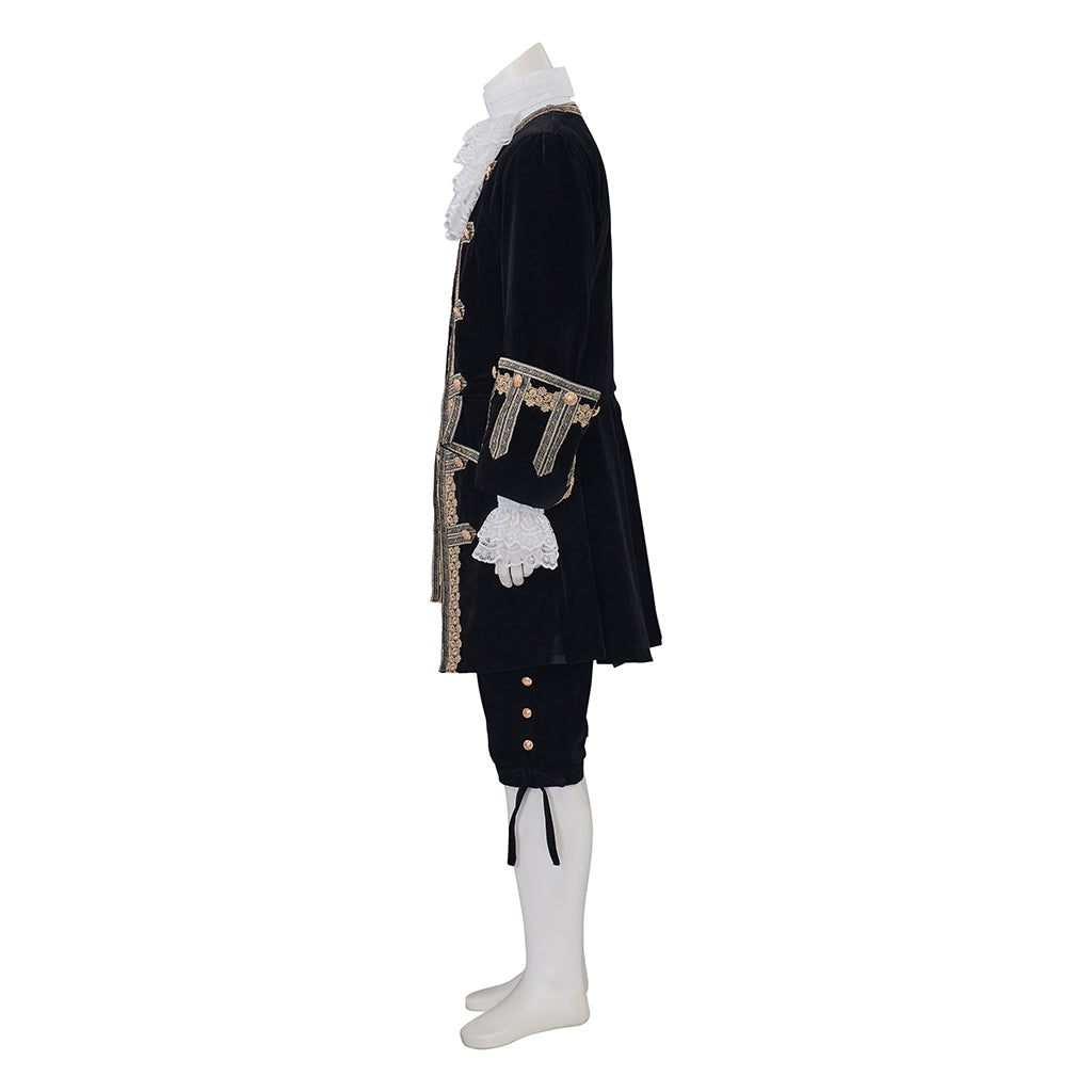 Medieval Style Black Tailcoat with Gold Embroidered Details White Ruffled Collar for Historical Reenactments Cosplay Events Halloween