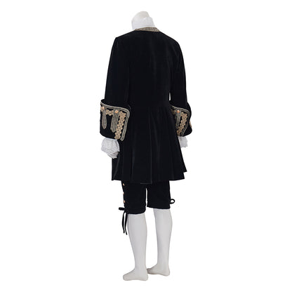 Medieval Style Black Tailcoat with Gold Embroidered Details White Ruffled Collar for Historical Reenactments Cosplay Events Halloween
