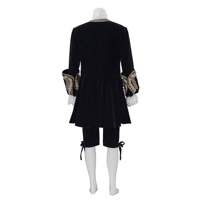 Medieval Style Black Tailcoat with Gold Embroidered Details White Ruffled Collar for Historical Reenactments Cosplay Events Halloween