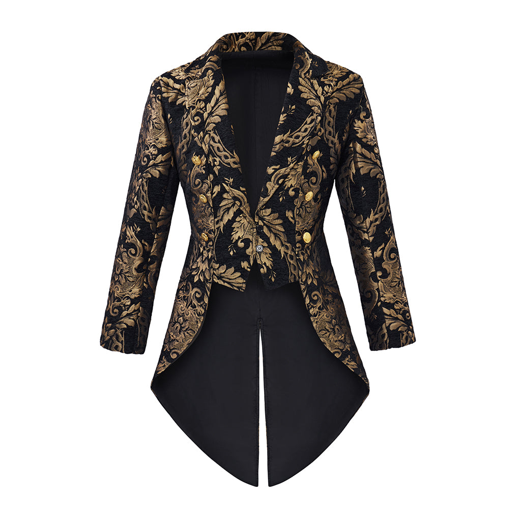 Medieval Style Black Brocade Tailcoat with Golden Embroidered Motifs Fitted Cut for Historical Reenactments Halloween Christmas