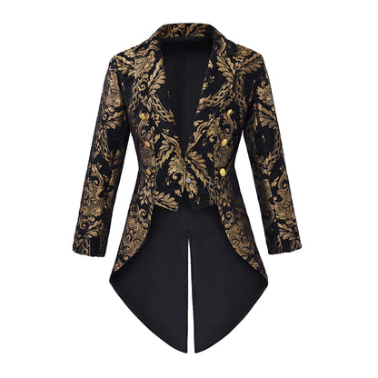 Medieval Style Black Brocade Tailcoat with Golden Embroidered Motifs Fitted Cut for Historical Reenactments Halloween Christmas