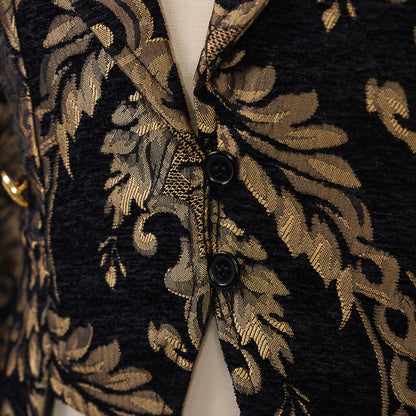Medieval Style Black Brocade Tailcoat with Golden Embroidered Motifs Fitted Cut for Historical Reenactments Halloween Christmas
