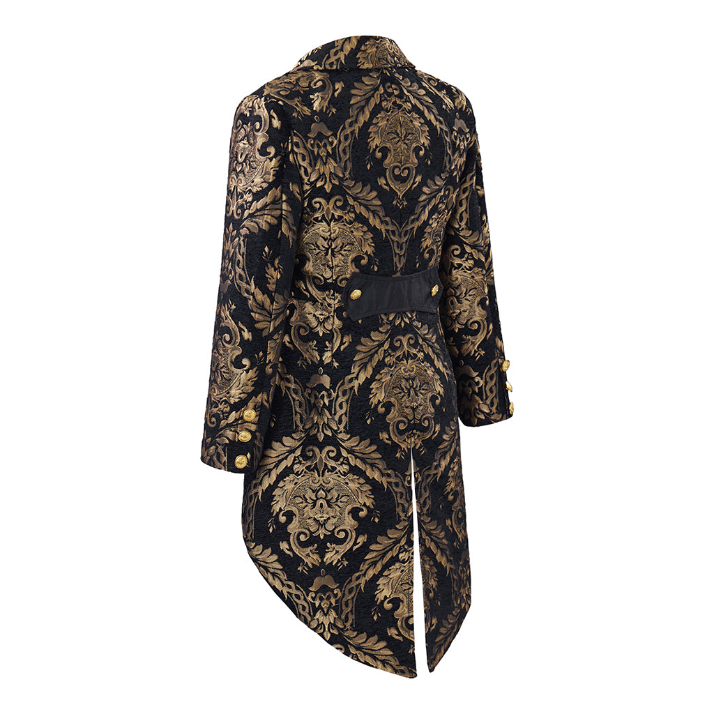 Medieval Style Black Brocade Tailcoat with Golden Embroidered Motifs Fitted Cut for Historical Reenactments Halloween Christmas