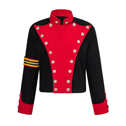 Renaissance Inspired Red - Black Embellished Jacket with Metallic Studs and Decorative Sleeve Band for Historical ReenactmentsHalloween Christmas