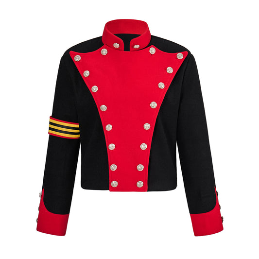 Renaissance Inspired Red - Black Embellished Jacket with Metallic Studs and Decorative Sleeve Band for Historical ReenactmentsHalloween Christmas